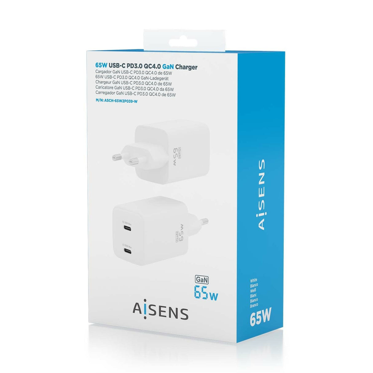 Aisens Cargador Gan 65w, 2xusb-C Pd3.0 Qc4.0, Blanco