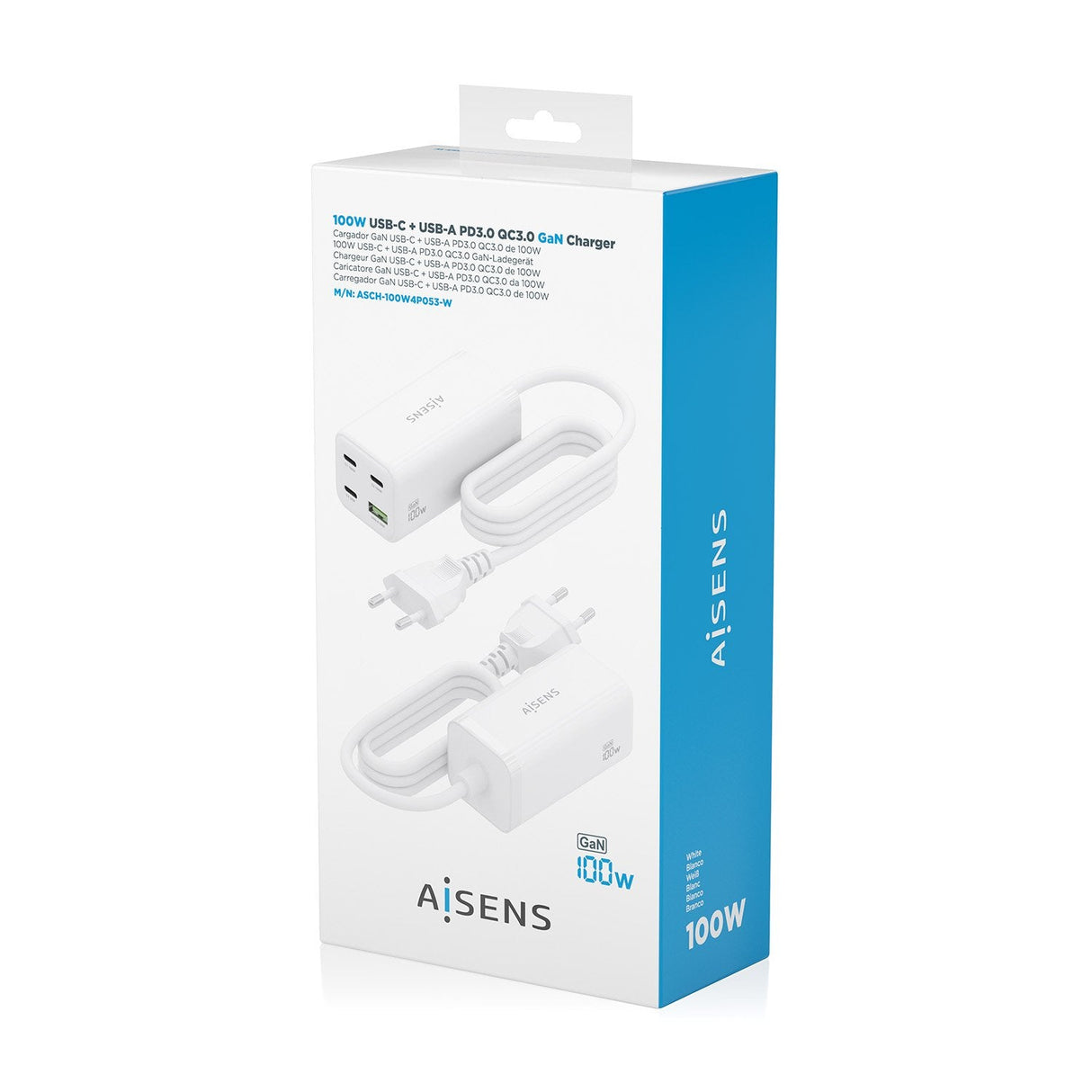 Aisens Cargador Sobremesa Gan 100w, 3xusb-C Pd3.0 Qc4.0 Qc5.0, 1xusb-A Qc3.0, Blanco