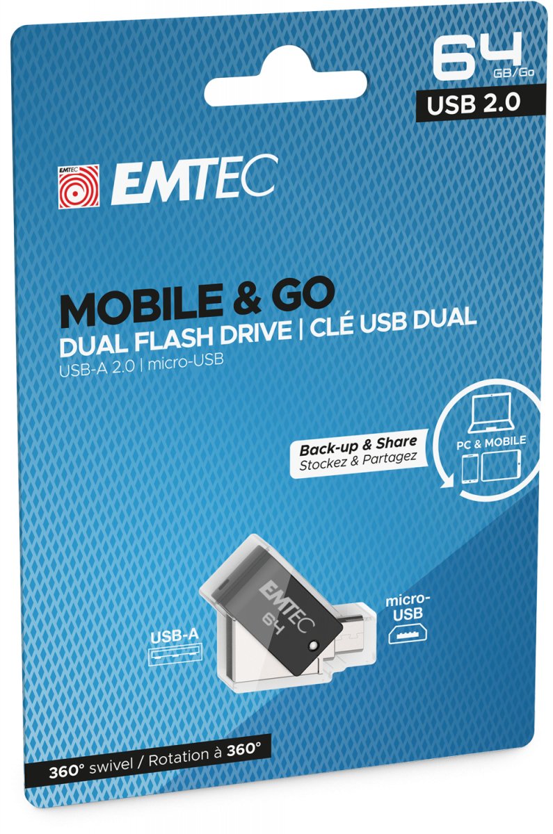 Emtec T260b Unidad Flash Usb 64 Gb Usb Type-A / Micro-Usb 2.0 Negro, Acero Inoxidable