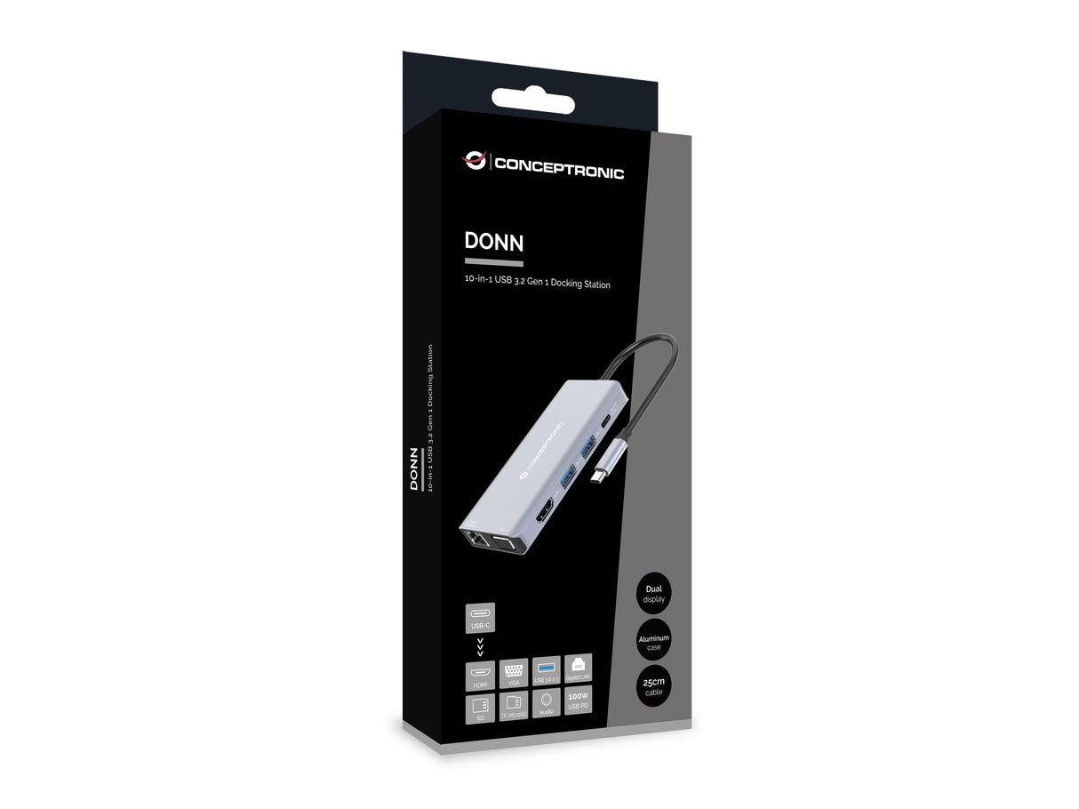 Dock Usb-C 10in1 Conceptronic Hdmi Vga Usb 3.0 Usb-A Audio Lan Gigabit Lector De Tarjetas Usb-C Pd 100w