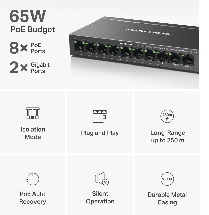 EAN 6957939003692 - Mercusys MS110CP switch Fast Ethernet (10/100) Energía sobre Ethernet (PoE) Negro imagen 5