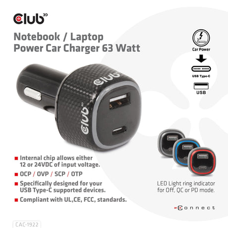 EAN 8719214472795 - CLUB3D USB KFZ-Ladegerät 1xUSB C A 63W 12/24V retail imagen 2