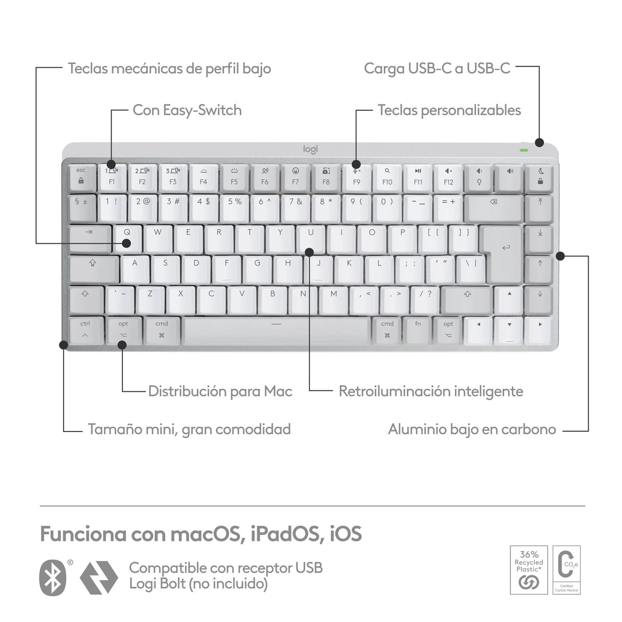 Teclado Ingles Logitech Mx Mini Mechanical For Mac Bluetooth Qwerty Internacional De Ee.Uu. Gris, Blanco