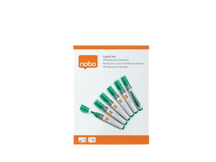 Nobo Caja De 10 Rotuladores Para Pizarra Blanca - Punta Redonda 3mm - Tinta Liquida - Nivel De Tinta - Color Verde