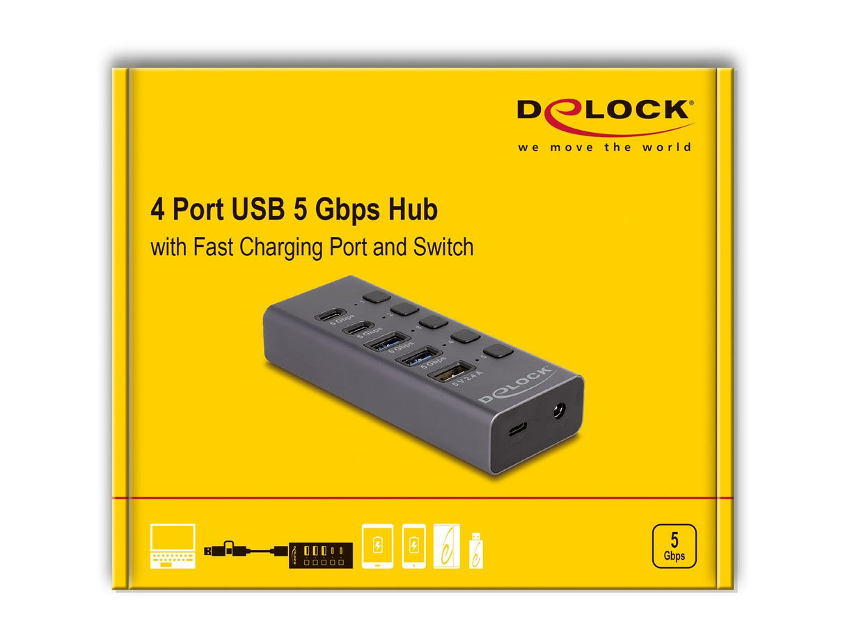 Usb 5 Gbps Hub Mit 2 X Usb Typ-A Und 2 X Usb Type-C Buchse Und 1 X Schnellladeport + Schalter