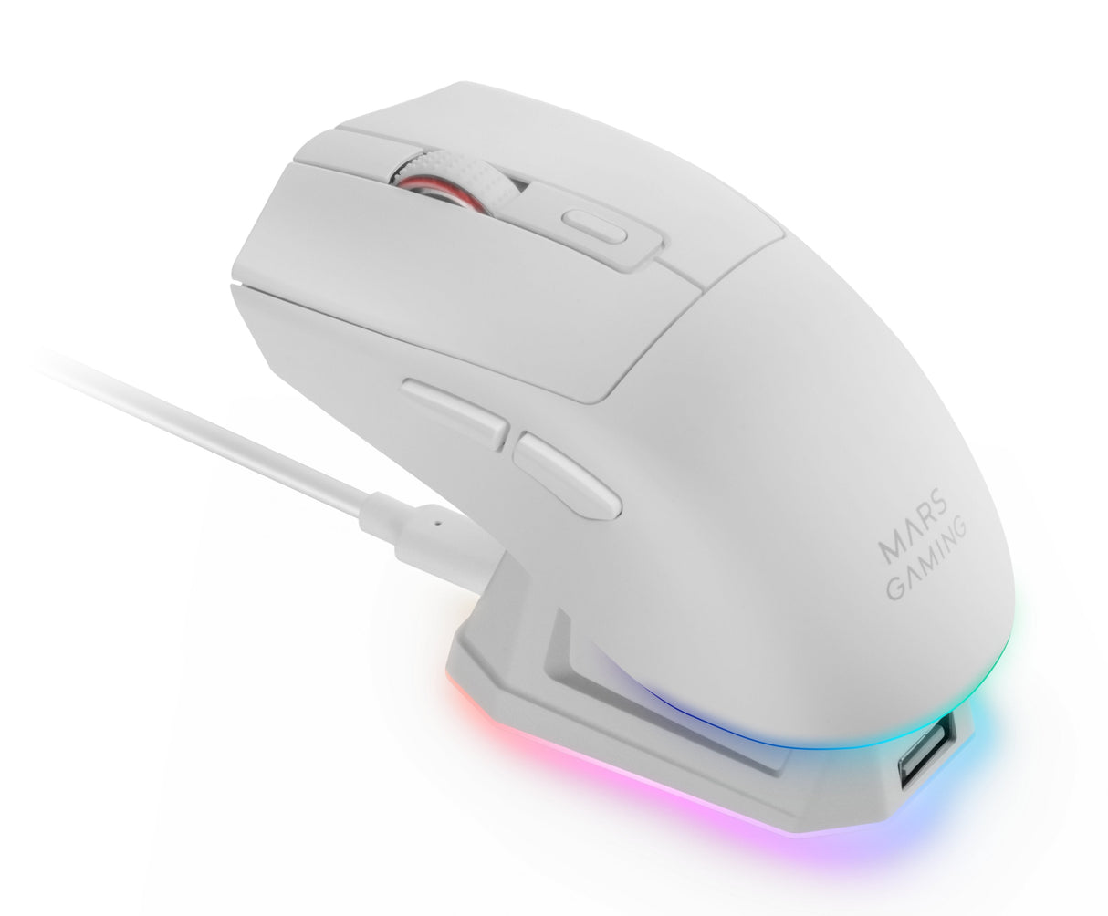 Raton Optico Mmt3 Rgb Blanco Mars Gaming Rgb Chroma/ Óptico/ 14400 Dpi/ Base De Carga/ Recargable Hasta 100h De Uso