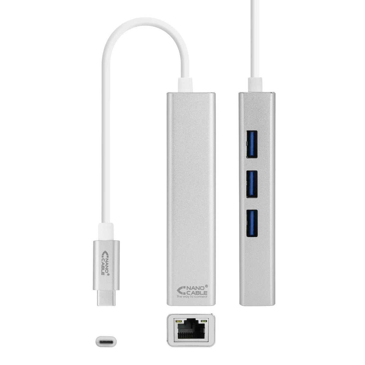 Nanocable Conversor Usb-C A Ethernet Gigabit + 3xusb 3.0 - Aluminio - 15 Cm - Plata
