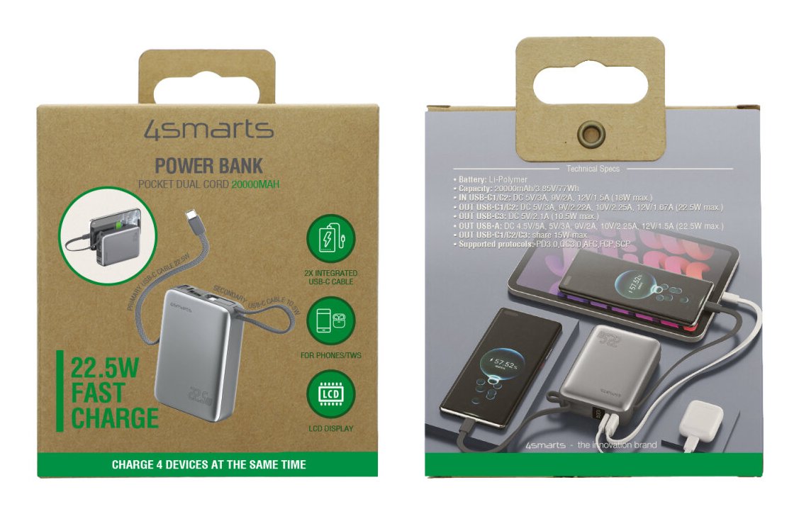 4smarts Powerbank Pocket Dual Cord 20000mah 22.5w, Spacegrau