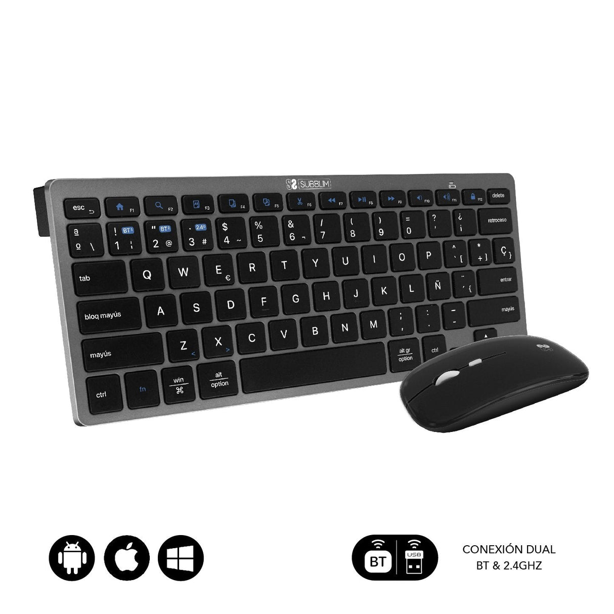 Teclado Y Ratón Inalámbrico Por Bluetooth Subblim Oco020 Combo Multidispositivo Compacto  Gris