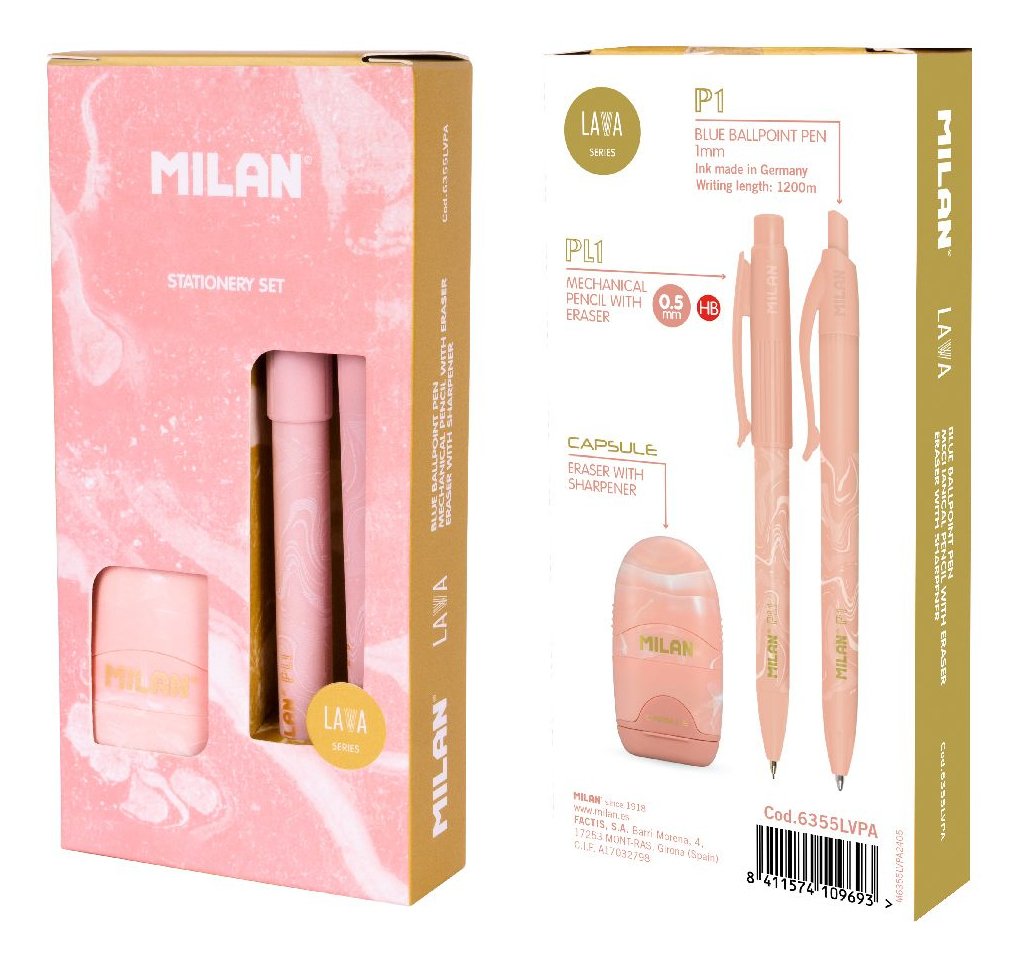 Milan Caja Regalo Serie Lava Con Bolígrafo P1, Portaminas Pl1 0.5 Y Afilaborra Capsule Rosa
