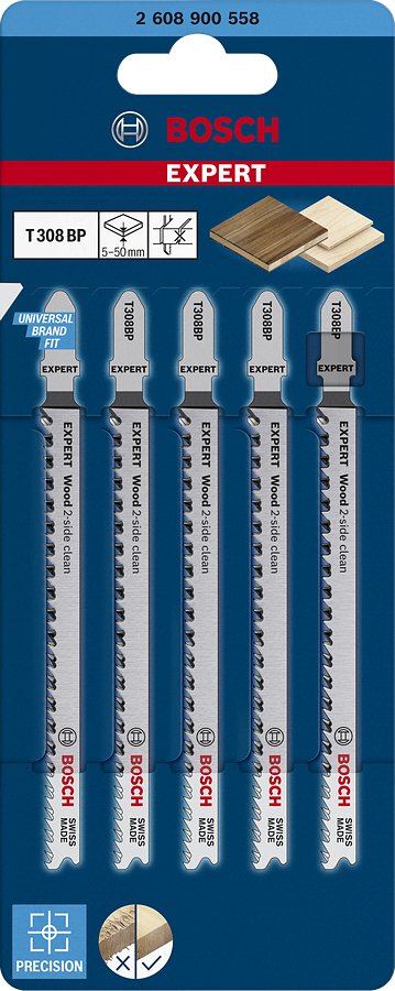 Bosch Hoja De Sierra De Calar Expert T 308 Bp `` Wood 2-Side Clean '', 5 Piezas 2608900558