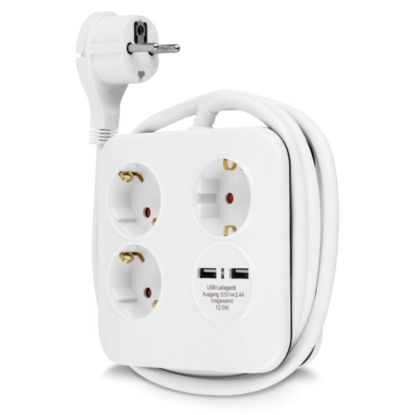 Rev Powerquad 3-Fold Power Strip + 2x Usb White