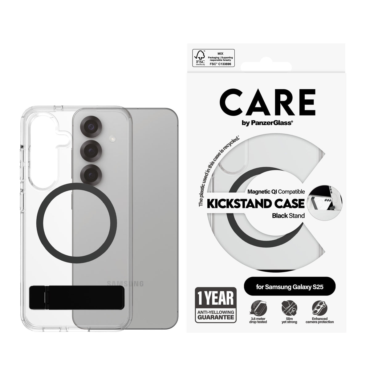 EAN 5715685016493 - PanzerGlass CARE™ by ® Case Transparent w. Black Kickstand & Qi Compatible Samsung Galaxy S25 funda para  imagen 2