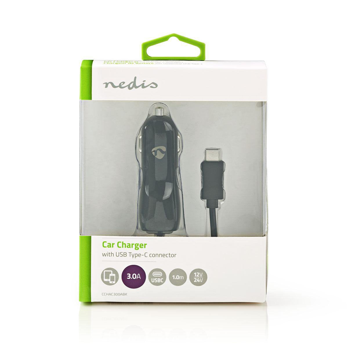 Nedis Cargador De Coche  3,0 A   1 Salida  Usb-C Cable Fijo Blister  Negro