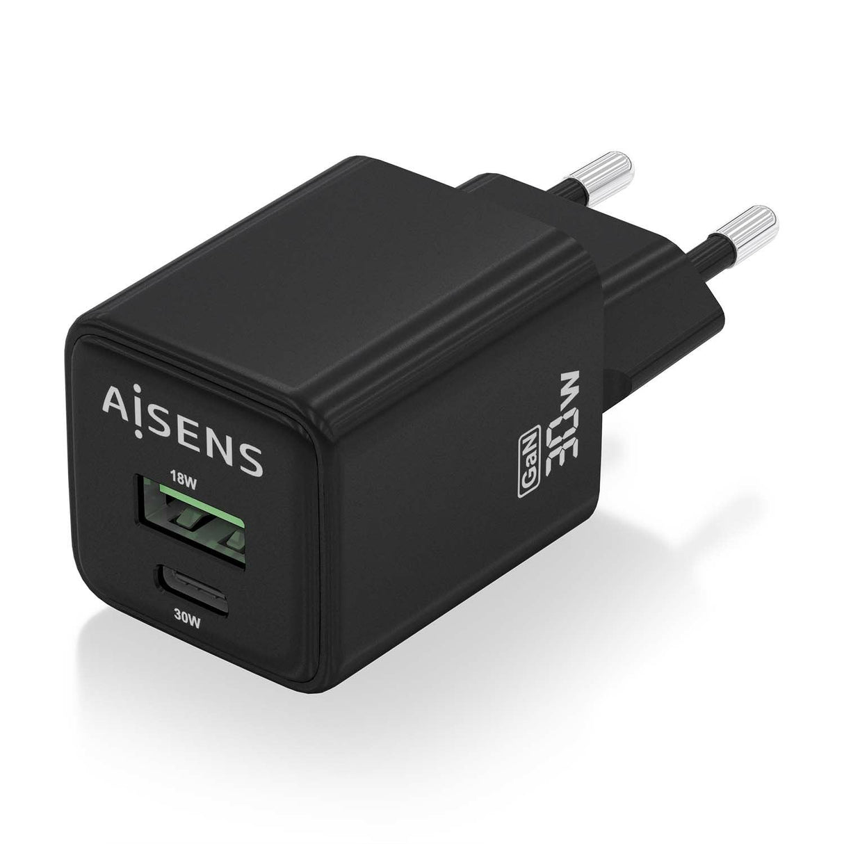 Aisens Cargador Gan 30w, 1xusb-C Pd3.0 Qc4.0, 1xusb-A Qc3.0, Negro