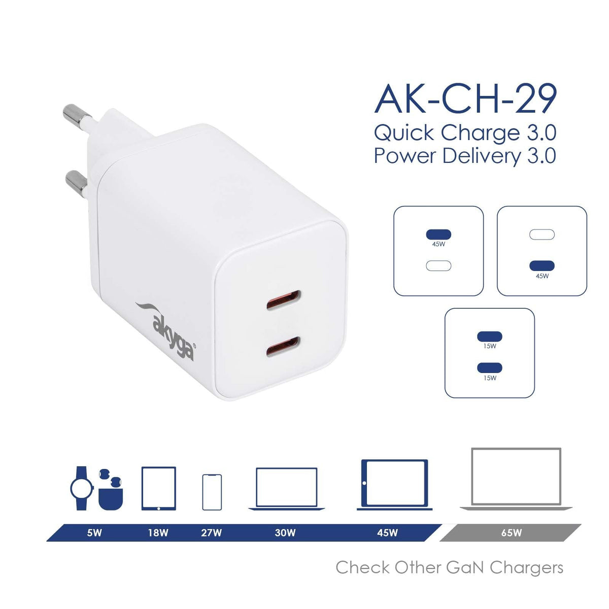 Akyga Wall Charger Ak-Ch-29 45w 2x Usb-C Pd Gan 5-20v 2.25-3a White