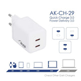 Akyga Wall Charger Ak-Ch-29 45w 2x Usb-C Pd Gan 5-20v 2.25-3a White