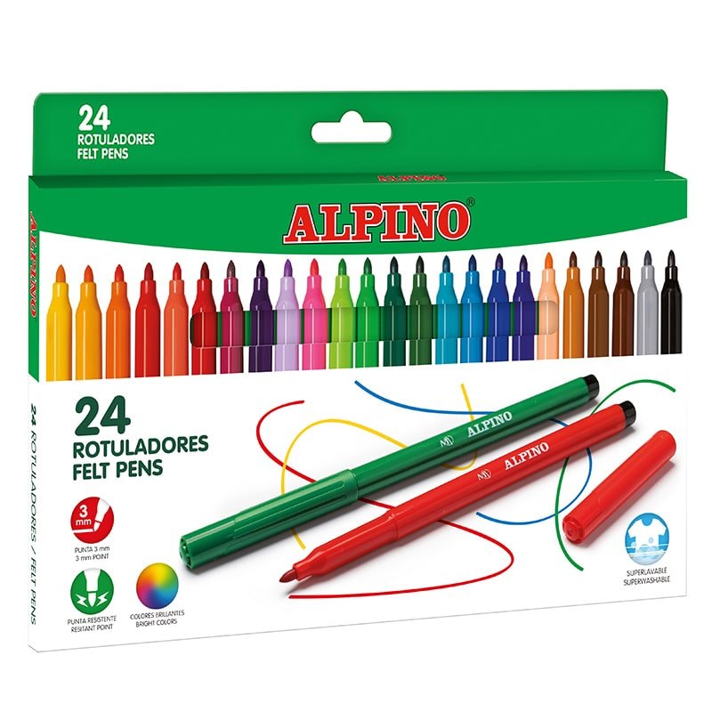 Alpino Pack De 24 Rotuladores Escolares - Punta Fina De 3mm - Superlavables Y Brillantes - Desarrolla La Creatividad - Colores Surtidos