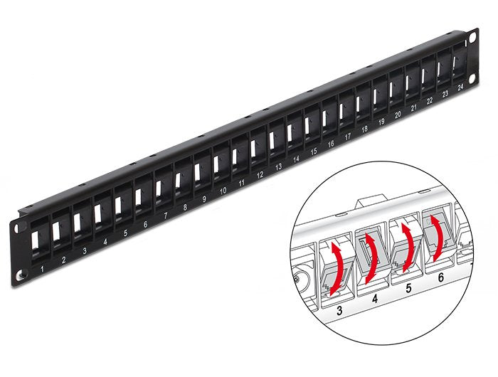 Delock 43340 Panel De Parcheo, Patch Panel Negro, Metal, Plástico, Montaje En Bastidor, 44 Mm, 11,5 Mm, 482,6 Mm