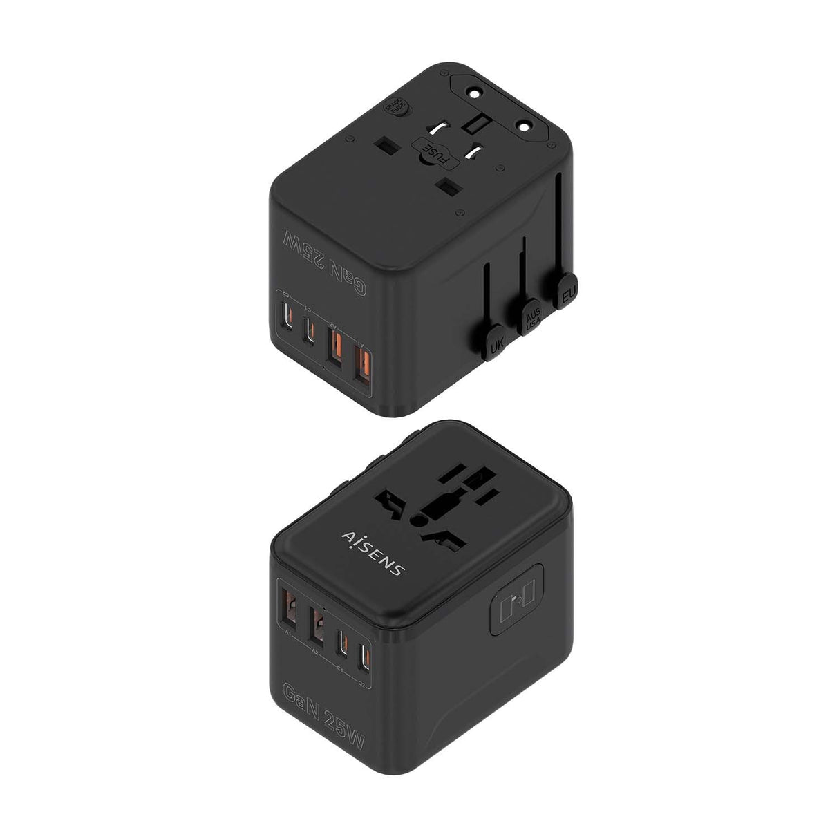 Aisens Adaptador Enchufe Universal Para Viaje Eu/Usa/Uk/Au Con Cargador Usb Gan, 2xusb-A Qc3.0, 2xusb-C Pd3.0 25w, Negro