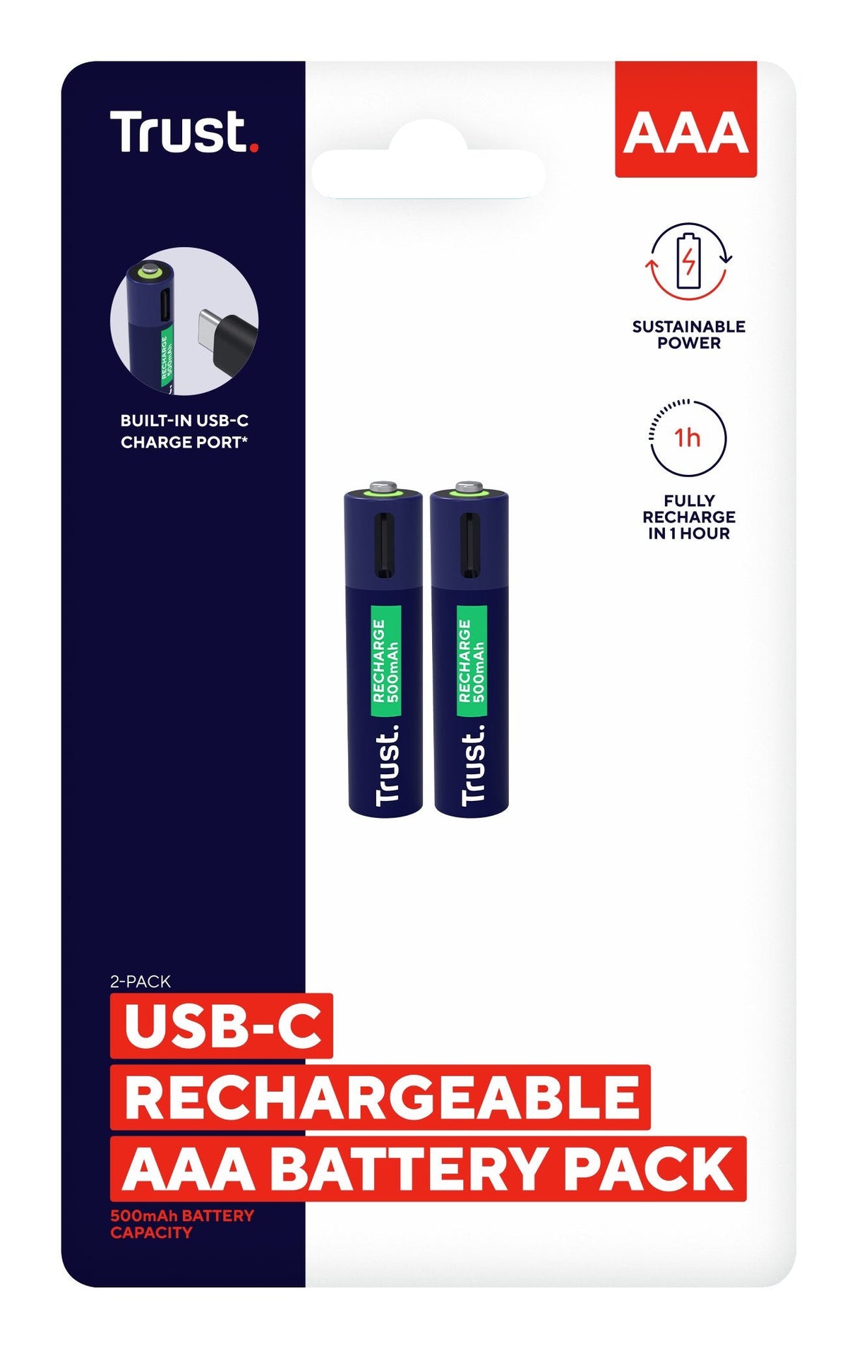 Pila Recargable Trust Usb-C Aaa 500 Mah Pack De 2 Unidades 25585
