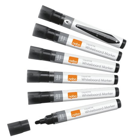 Nobo Caja De 10 Rotuladores Para Pizarra Blanca - Punta Redonda 3mm - Tinta Liquida - Nivel De Tinta - Color Negro