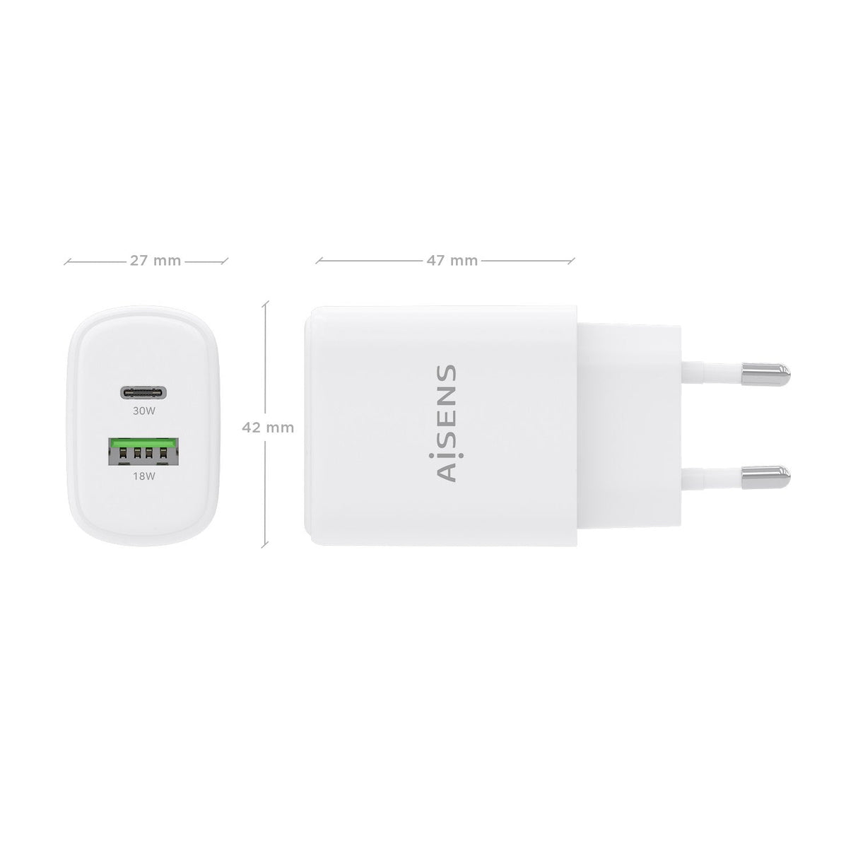 Aisens Cargador Gan 30w, 1xusb-C Pd3.0 Qc4.0, 1xusb-A Qc3.0, Blanco