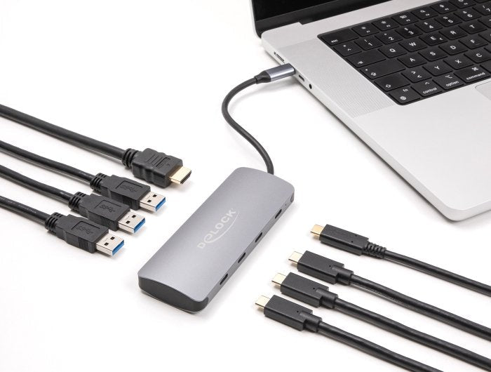 Delock 64323 Concentrador Usb 10 Gbps De 7 Puertos Y Salida Hdmi 4k Con Conexión Usb Type-C Y Pd 3.0 90 W