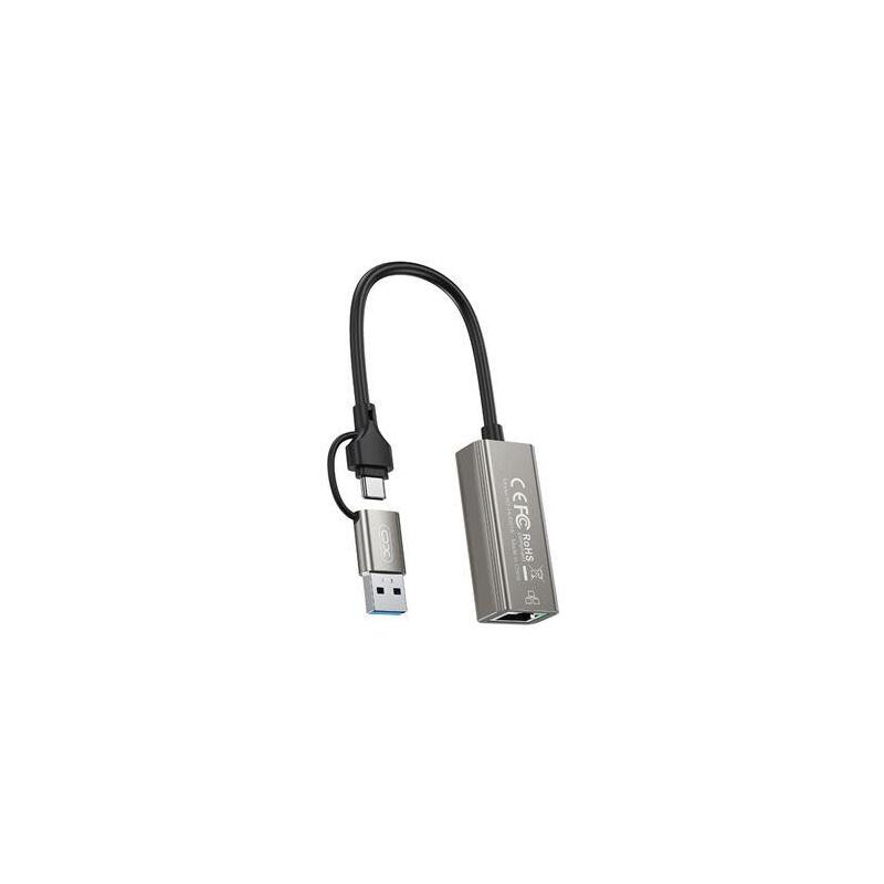 Adaptador  Xo Hub018  De Red Rj45 A Usb 3.0 Y Usb-C - Plata