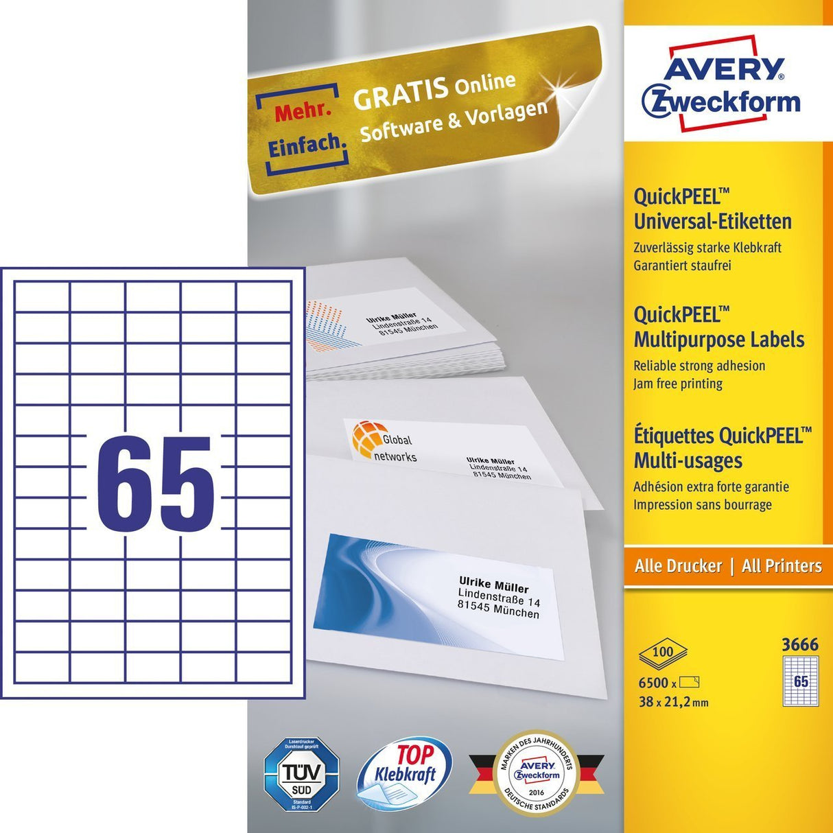 Avery Zweckform 3666 Self-Adhesive Label White Rectangle Permanent 6500 Pc(S)