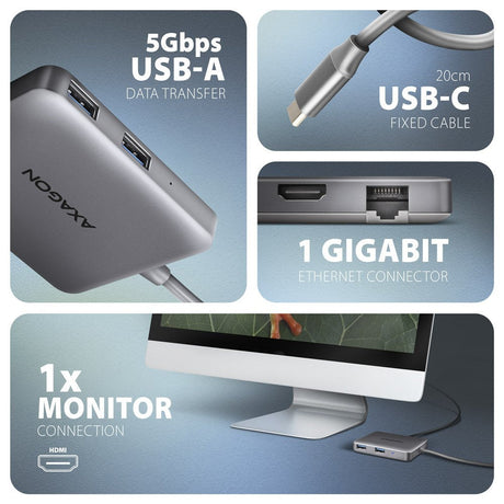 EAN 8595247907516 - Axagon N HMC-5HL USB 5Gbps hub 2x USB-A HDMI 4k/60Hz RJ-45 GLAN PD 100W kabel USB-C Alámbrico USB 3.2 Gen imagen 3