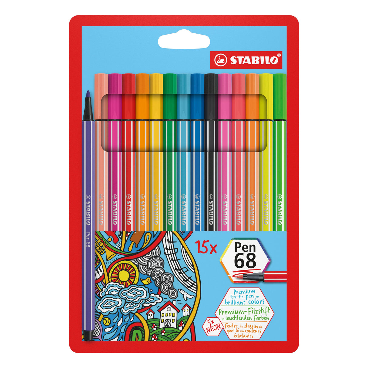 Stabilo Rotulador Pen 68 Estuche De 10 Colores Standar + 5 Colores Neón C/Surtidos