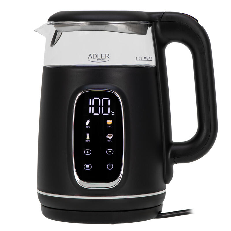 Adler Ad 1305 Electric Kettle, Glass With Led Display & Temperature Regulation, 1.7l, Black Silver