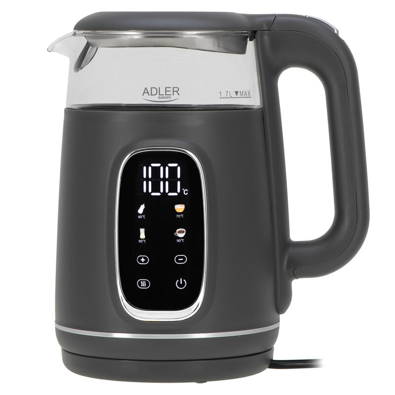 Adler Ad 1305 Electric Kettle, Glass With Led Display & Temperature Regulation, 1.7l, Grey