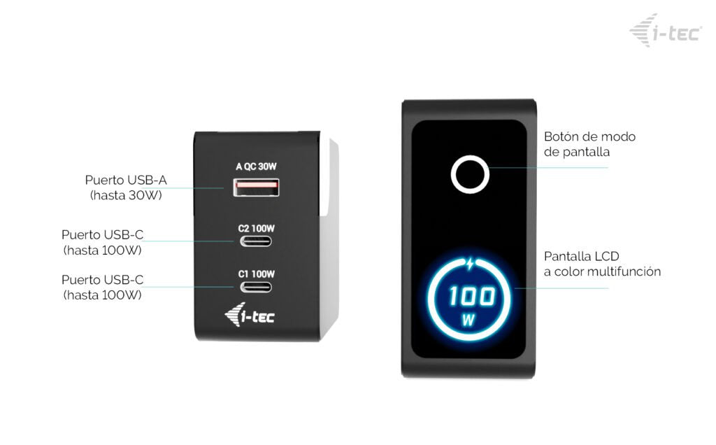 D I-Tec 100w Intelligent Multiport Usb Charger 2x Usb-C 1x Usb-A Lcd Display