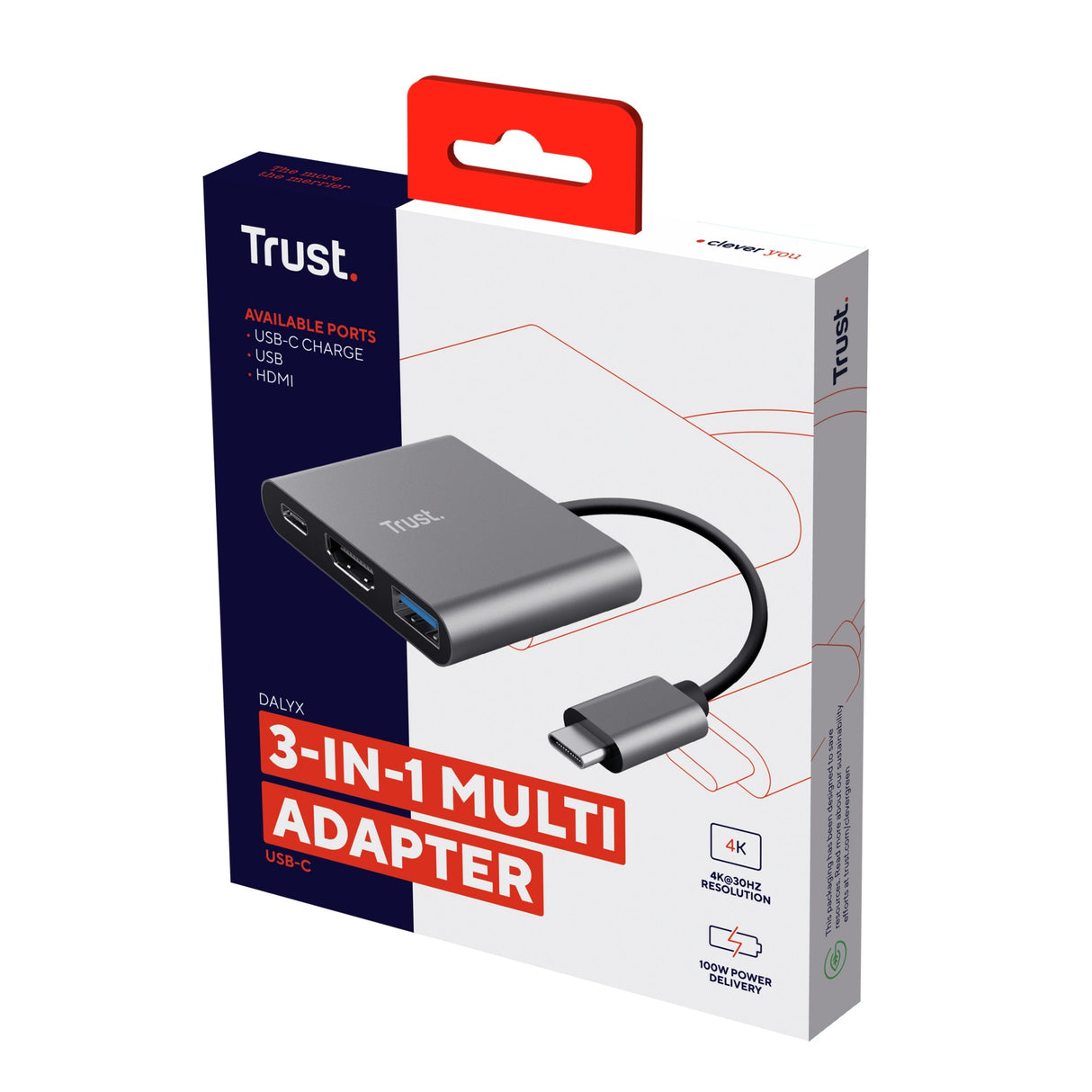 Conversor Trust Dalyx 3 In 1 Usb Tipo-C Macho Hdmi Hembra Usb Usb Tipo-C Pd 10cm Gris