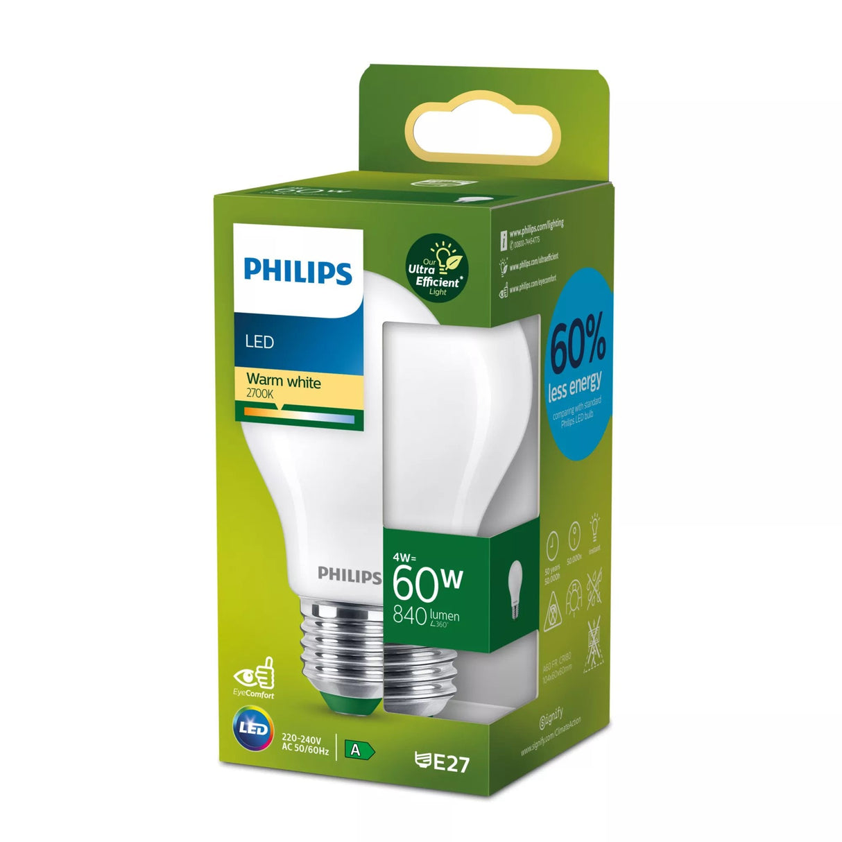 Bombilla Ultra Efficient Led Classic 4w 840im E27 2700k, Ø6x10,4cm, Philips