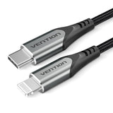 Cable Usb 2.0 Tipo-C Lightning Vention Tachh Usb Tipo-C Macho Lightning Macho 2m Gris Y Negro