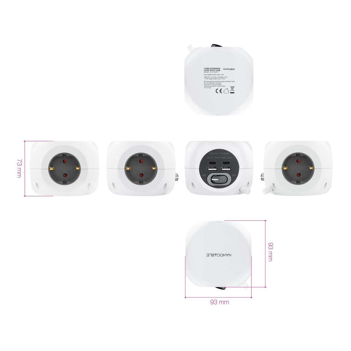Nanocable Base De 3 Enchufes Tipo F + 2x Usb-A Y 2x Usb-C Con Interruptor - Cable De 1.40m