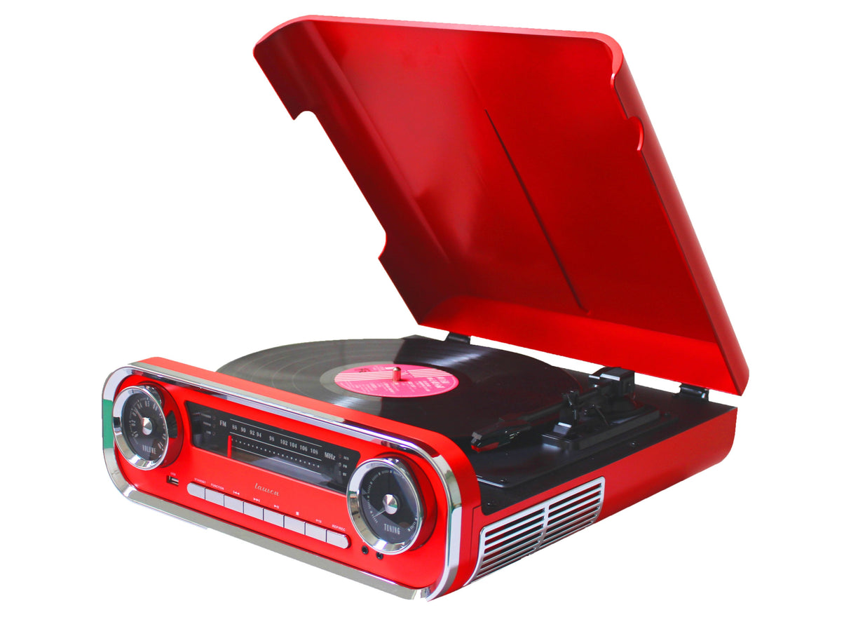 Lauson 01tt15 Rojo Tocadiscos Vintage 3 Velocidades Bluetooth Usb Grabación Mp3 Fm