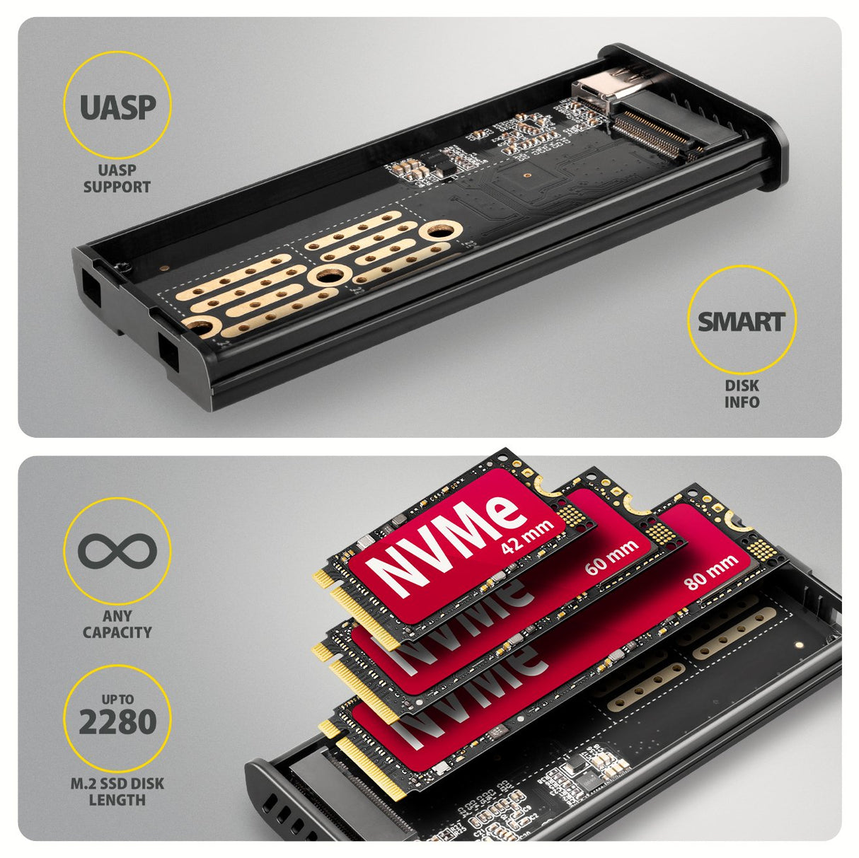 Eem2-Sd2b Obudowa Zewnetrzna Aluminiowa Bezsrubowa Usb-A/C 3.2 Gen2 M.2 Nvme/Sata Wyswietlacz Led, Czarny