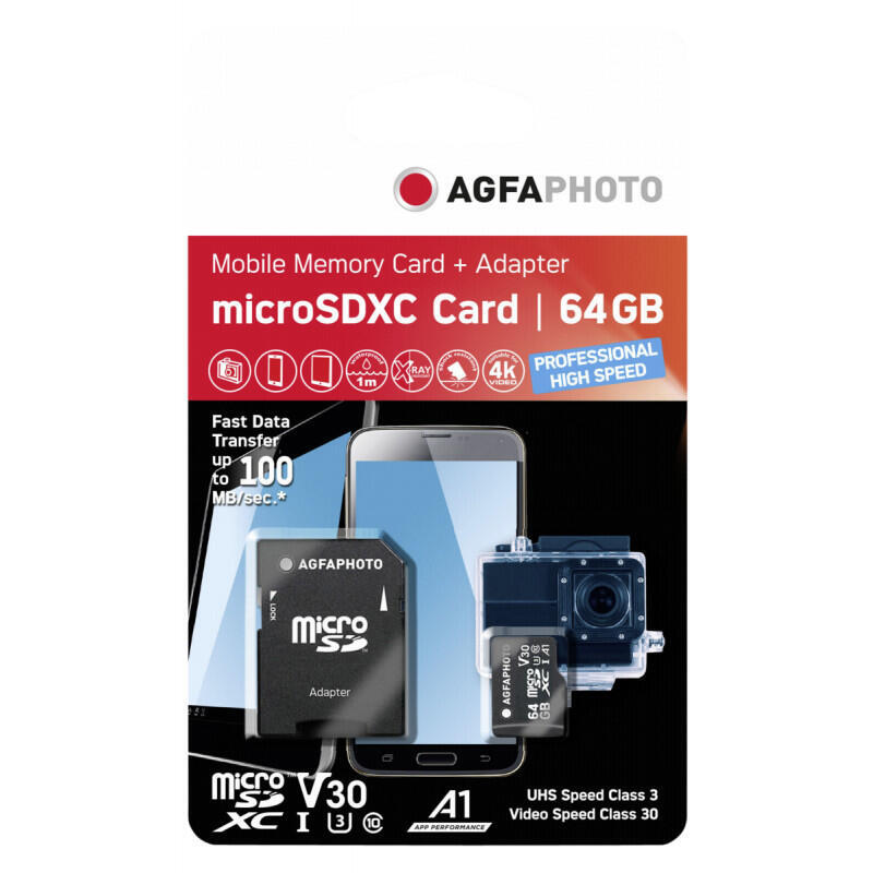Agfaphoto Microsdxc Uhs-I 64 Gb De Alta Velocidad C10 U3 V30 + Adap