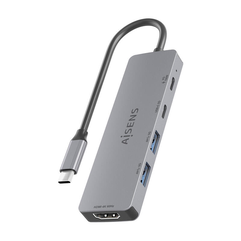 Aisens Usb-C Dock 5 En 1, Usb-C A 1xhdmi 2xusb-A 1xusb-C 1xusb-C Pd, Gris, 15cm