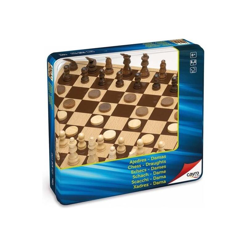 Ajedrez-Damas Madera En Caja Metal 27x27