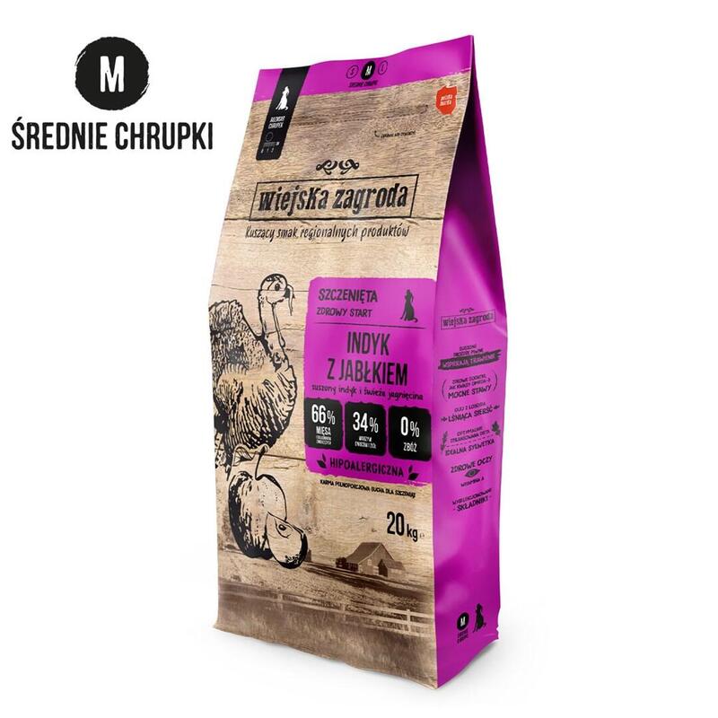 Alimento Seco Para Cachorros Wiejska Zagroda Pavo Con Manzana Crujiente M  20 Kg