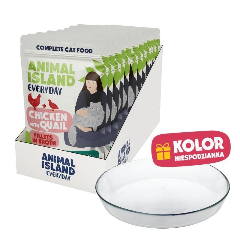 Animal Island Pack Con Platito De Cristal Alimento Húmedo Completo Para Gatos Filetes De Pollo Con Codorniz En Caldo Arándano Inulina Sobres, 12 X 85g Color Del Platito Aleatorio