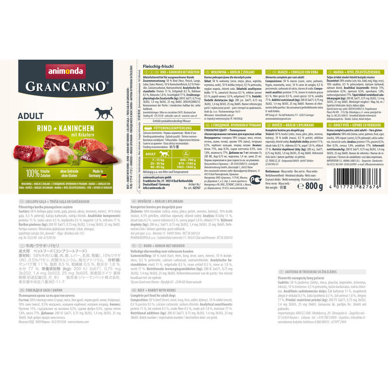 Animonda Grancarno Sabor Adulto: Ternera, Conejo Y Hierbas 800g