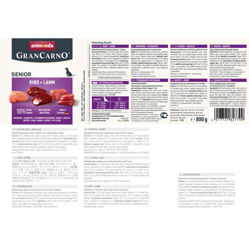 Animonda Grancarno Senior Sabor: Ternera Y Cordero - Lata 800g