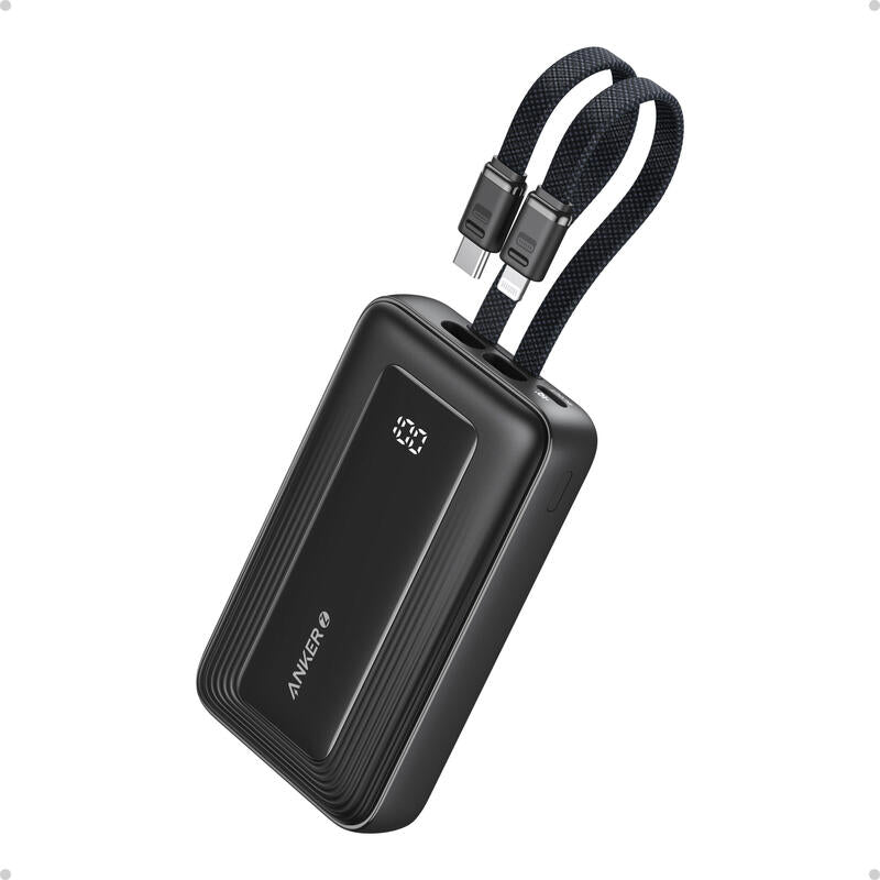 Anker Power Bank (10k,30w, Built-In Usb-C+Lightning Cable), Black