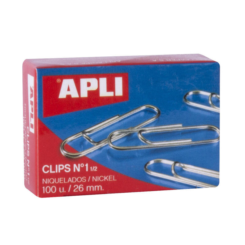 Apli Clips Alambre Nº 1½ (26mm) - Acabado Niquel Brillante - Alta Resistencia A La Oxidacion - Caja Con 100 Clips